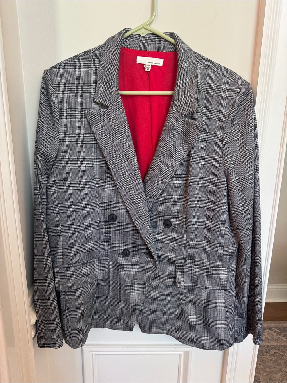 Double-Breasted Glen Plaid Blazer with Red Lining